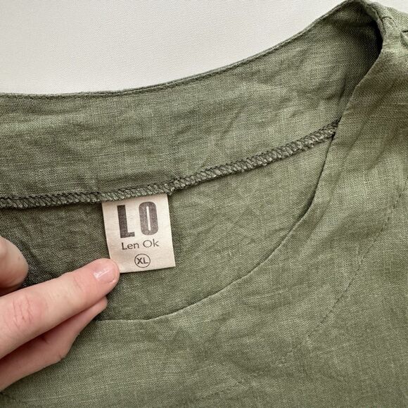 Len OK Green Linen 3/4 Sleeve Long Shift Dress W/wrap Around Belt Pockets XL - Picture 5 of 10